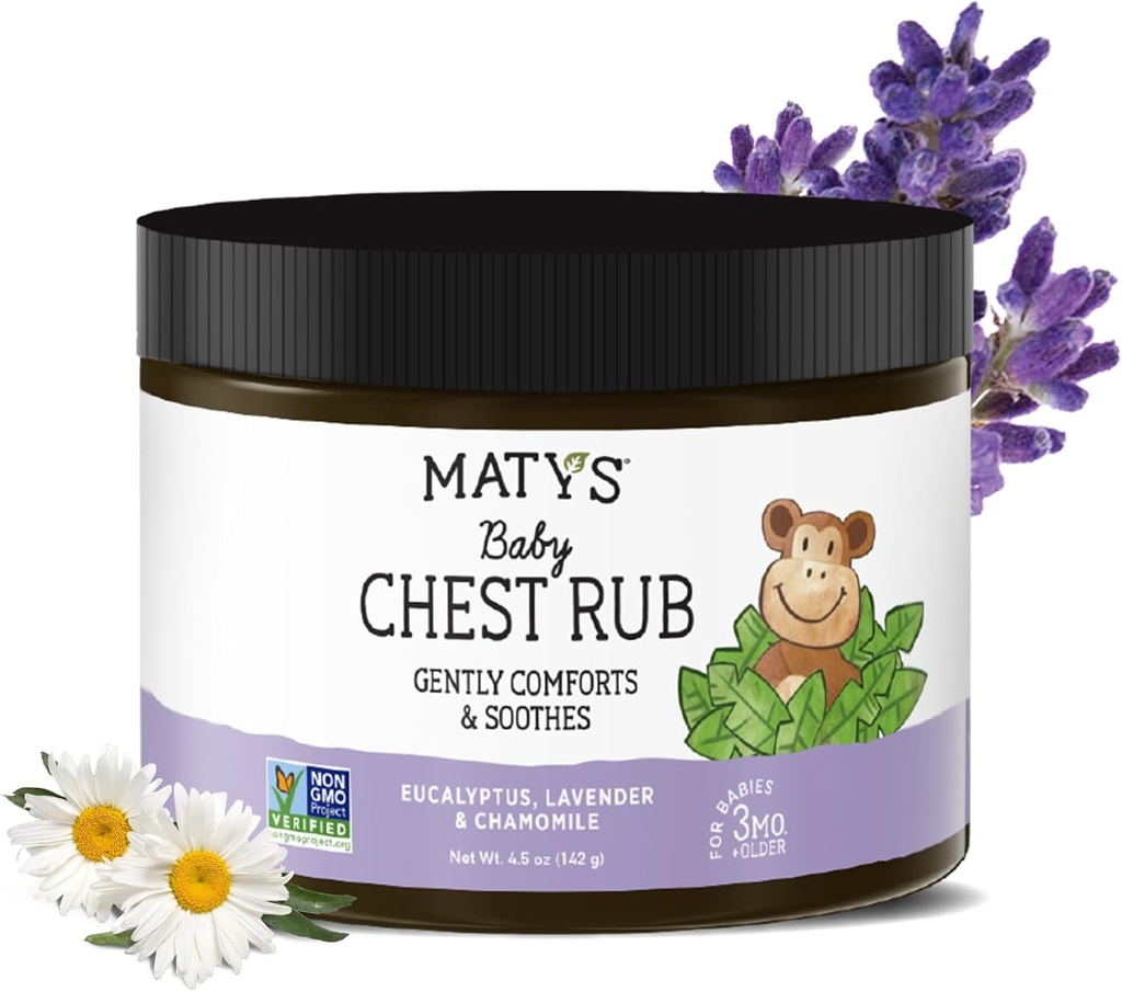 Matys Baby Chest Rub, Soothing Congestion Relief Vapor Rub för spädbarn 3 månader gamla +, Clean & Comforting Eucalyptus, Lavender, & Chamomile för sömn, icke-GMO, Petroleum Free, Menthol Free, 4,5 oz Tub