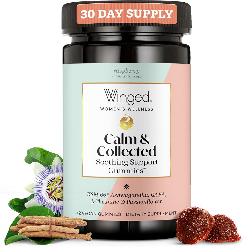 Winged Wellness Calm & Collected, Stress Relief Gummies - Stressituki täydentää KSM-66 Ashwagandha, L-Theanine, GABA & Passionflower - Vegaani & Gluteeniton Gummy - Vadelma, 42 Count