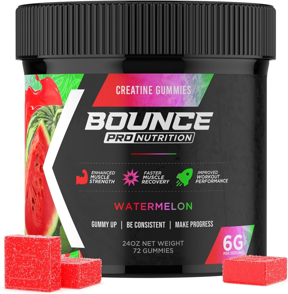 Bounce Pro Creatine Monohydraatti Gummies for Men & Women, Low Calorie, 6G Creatine per Serving, Vegan, Anti-Melting, Gluteeniton, ei-GMO, 2g Creatine per Gummy (72ct, Watermelon)