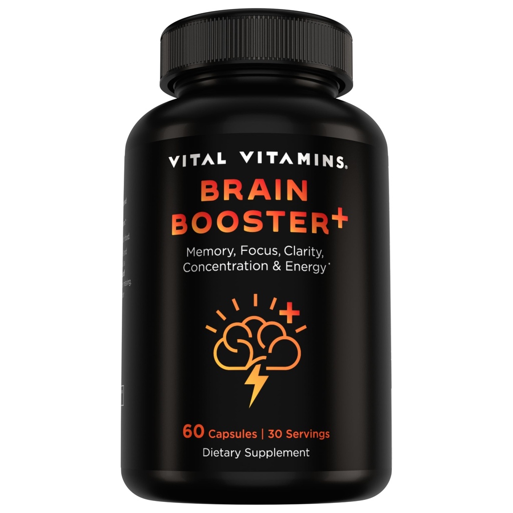 Vital Vitamins Nootropic Brain Supplement Plus - för minne, fokus, koncentration, Neuro Energy, Clarity - med Lion's Mane Mushrooms - 60 kapslar