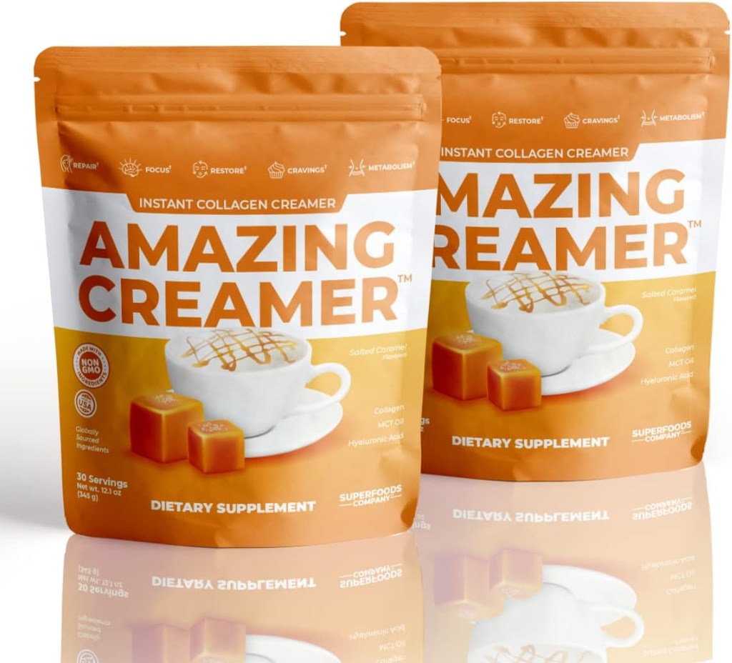 Superfoods Company Amazing Creamer Collagen - Keto Creamer-Hyaluronic Acid & MCT Oil - Brain Boost & Curbs Cravings - Tukee Terve iho & hiukset - Ruokavalio-perjantai [60 tarjoilua] [Salted Caramel]