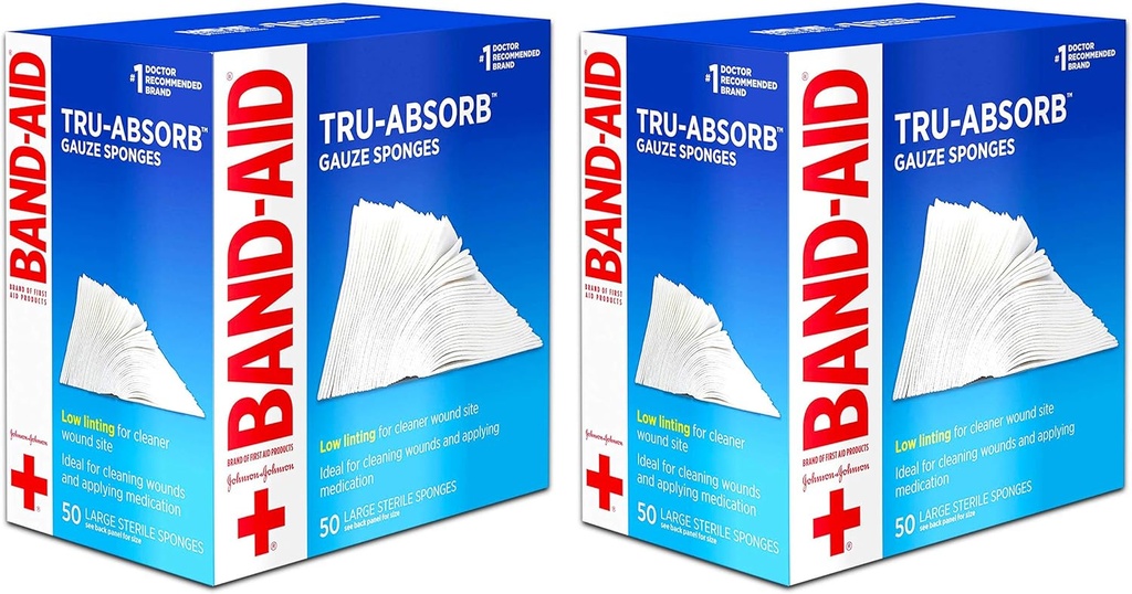 Band Aid Tuotemerkki Ensiaputuotteet Tru-Absorb Sterile Gauze Sponges for Cleaning and Cushioning Wounds, Low-Lint Design, 4 tuumaa x 4 tuumaa, 50 senttiä (Pakkaus 2)