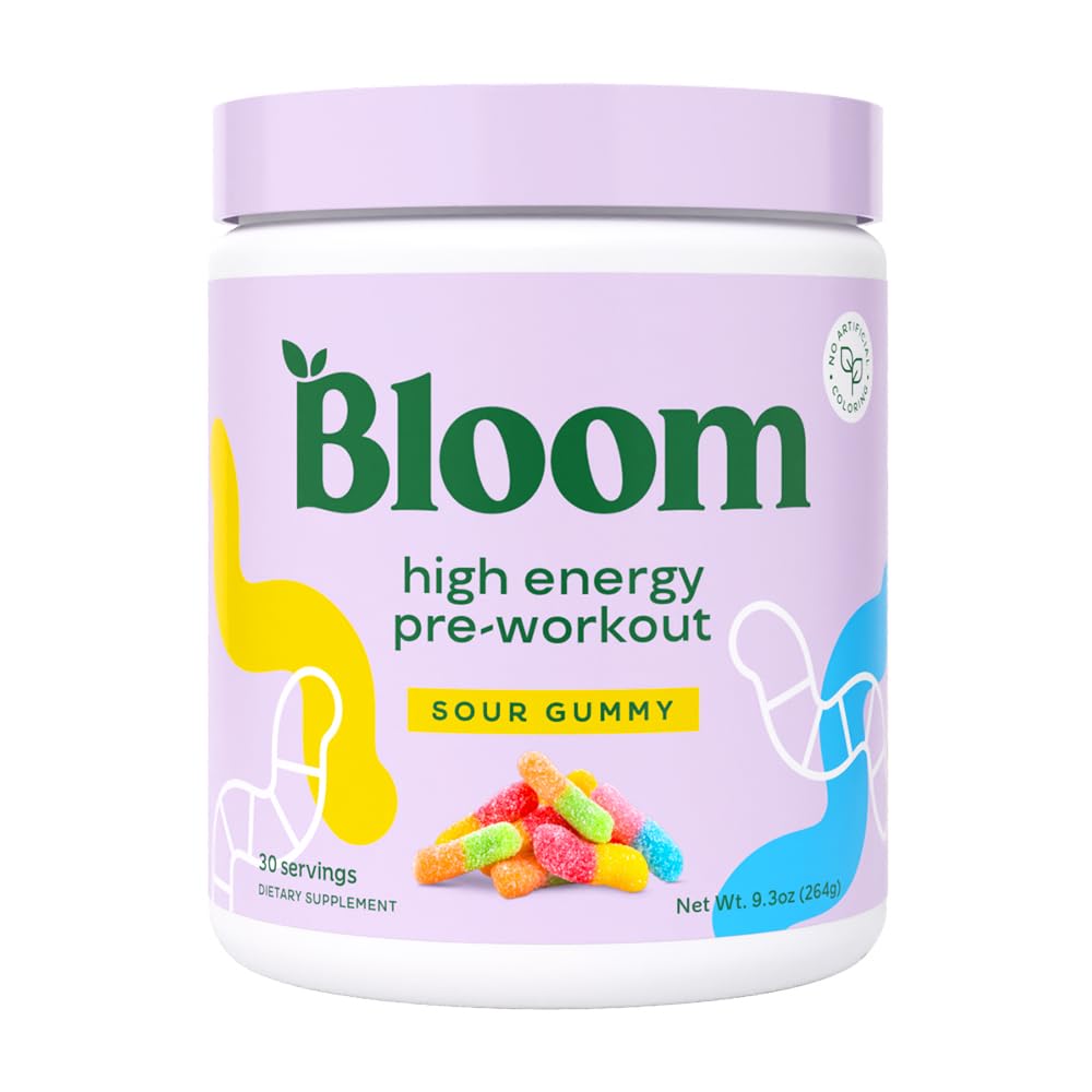 Bloom Nutrition High Energy Pre workout Powder, Amino Energy Beta Alanine, Ginseng & L Tyrosine, Natural Coffeine Powder from Green Tea Extract, Sugar Free & Keto Drink Mix (Sour Gummy)