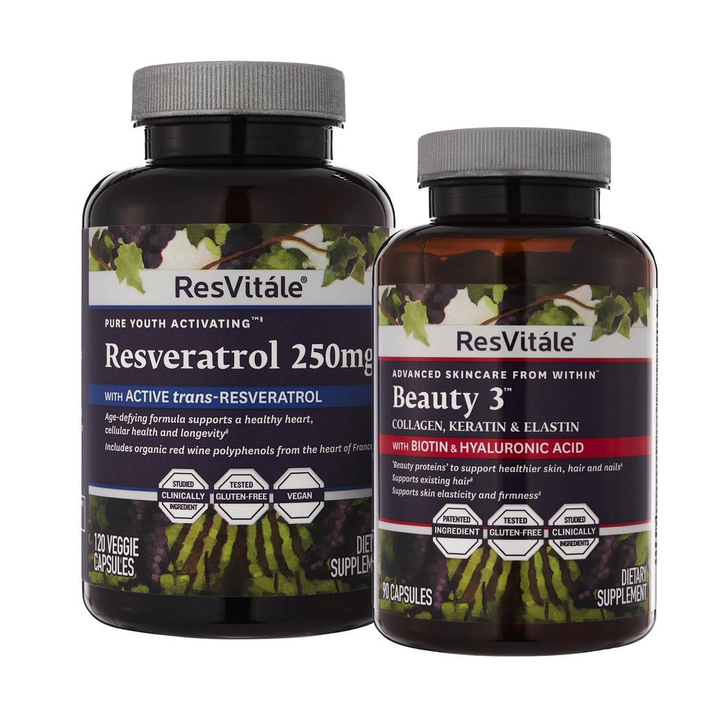 ResVitale Beauty 3 - Ihonhoitolisä Collagenin, Keratin & Elastinin kanssa - 90 kapselia & Resveratrol 250 mg - Resveratrol Supplement for Miehet ja naiset - 120 kasviskapselia