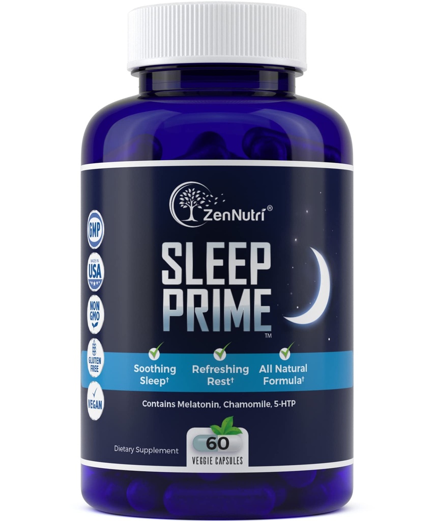 Sleep Prime Vegan Natural Sleep Aid for Adult Extra Strength - Deep Sleep Supplement - Herbal Unilääke - Stressin lievittäminen - Melatoniini, GABA - 60 Kasvismyssyt