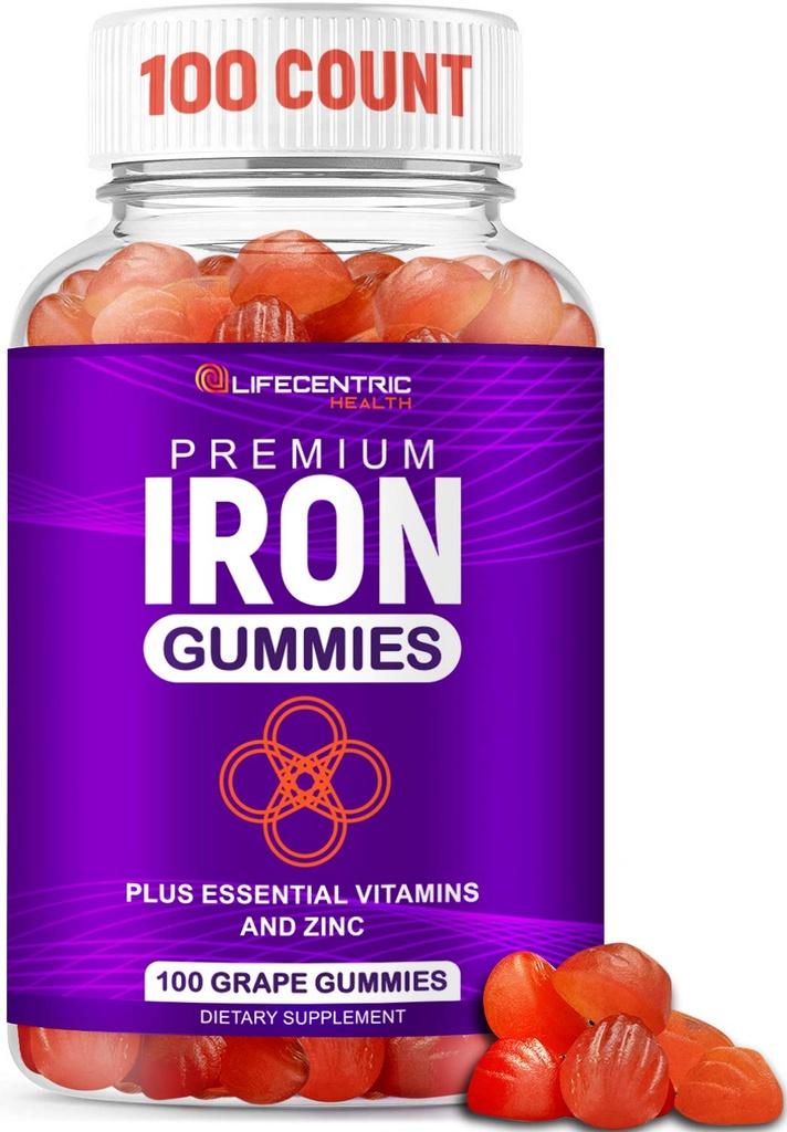 LifeCentricHealth Iron Gummies för vuxna och barn | Biotin Zinc Vitamin B Folic Acid Gummies | Vegan Gluten Gratis för kvinnor och män
