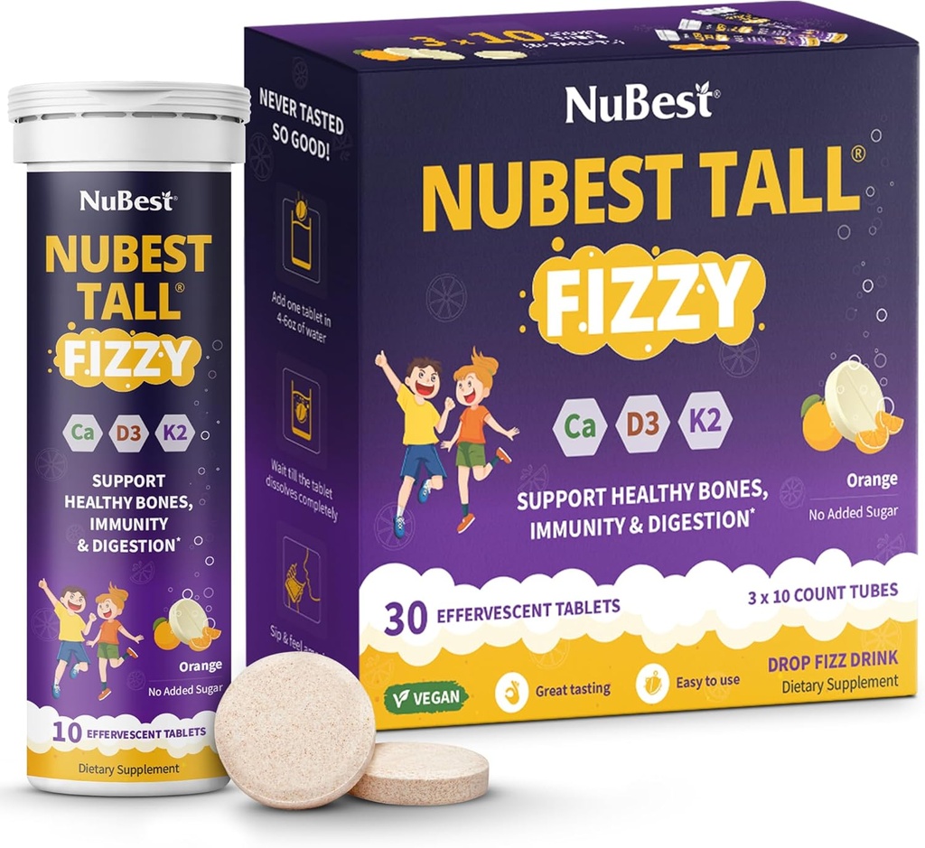 NuBest Tall Fizzy - Bone Strength, Immuniteetti, Ruoansulatuskanavan terveys lapsille Ikä 4+ & Teini Probiootti, kalsium, magnesium Red Marine Algae, Vitamiinit 30 Orange Effervescent Tablets