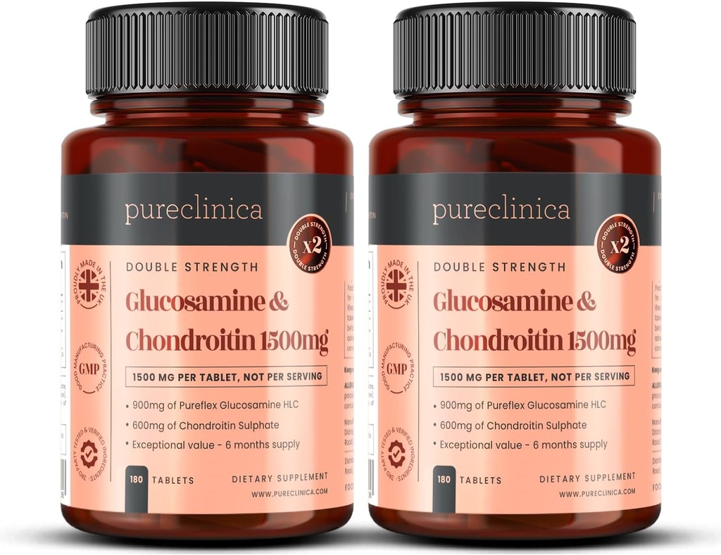 Pureclinica 1500 mg Glukosamiini HLC ja chondroitin x 360 tablettia (2 pullo 180) - 12 kuukautta Supply. Tehokkain ja bioaktiivinen: Kondroitin 90%, Glukosamiini HCL 83,1%