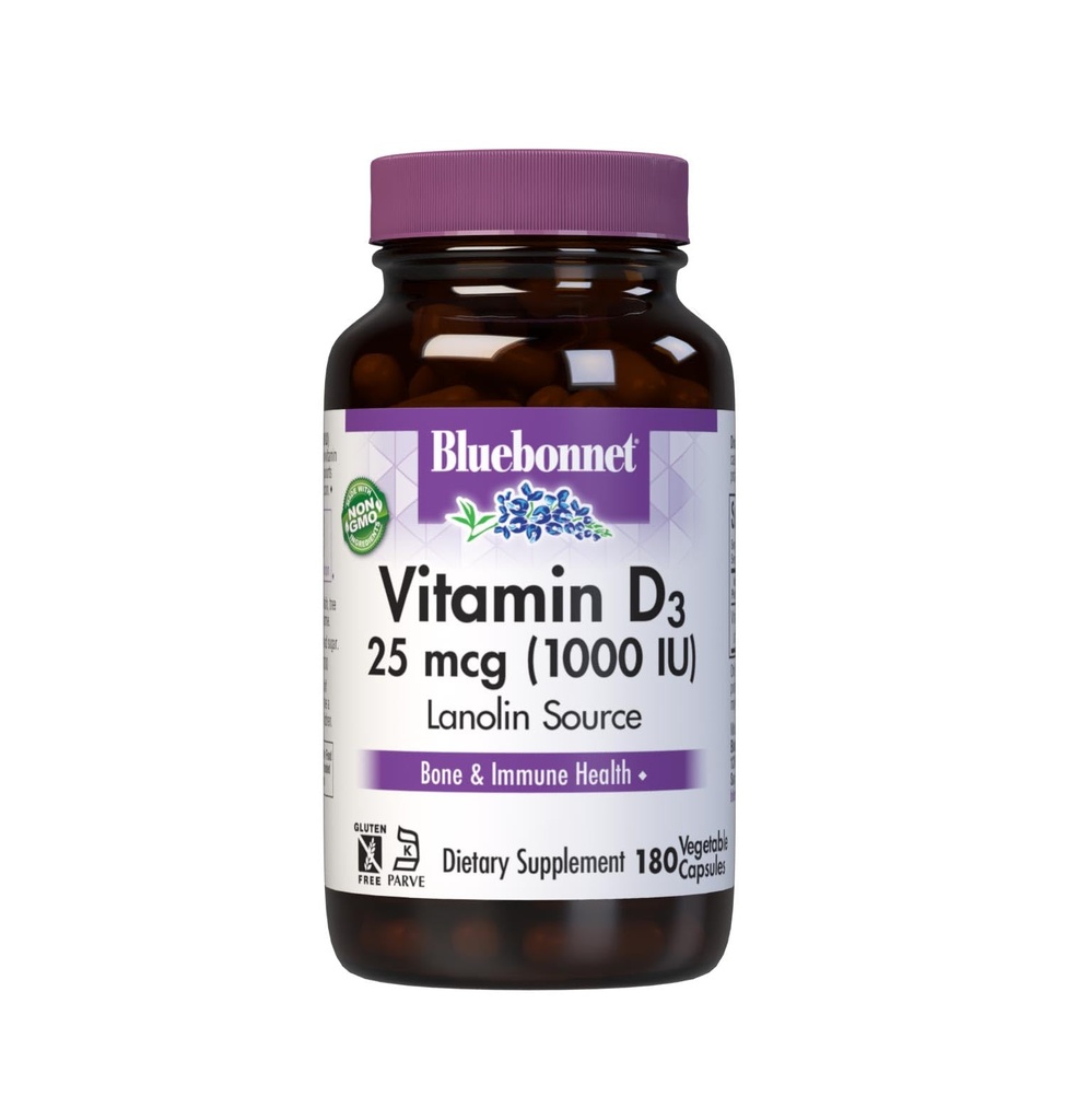 Bluebonnet D3 1000 IU 25 mikrog - Vahva luu- ja immuunitukilisä naisille ja miehille* soijaton, gluteeniton, kasvissyöjä - erittäin imeytyvä D-vitamiini 180 kasviskapseli