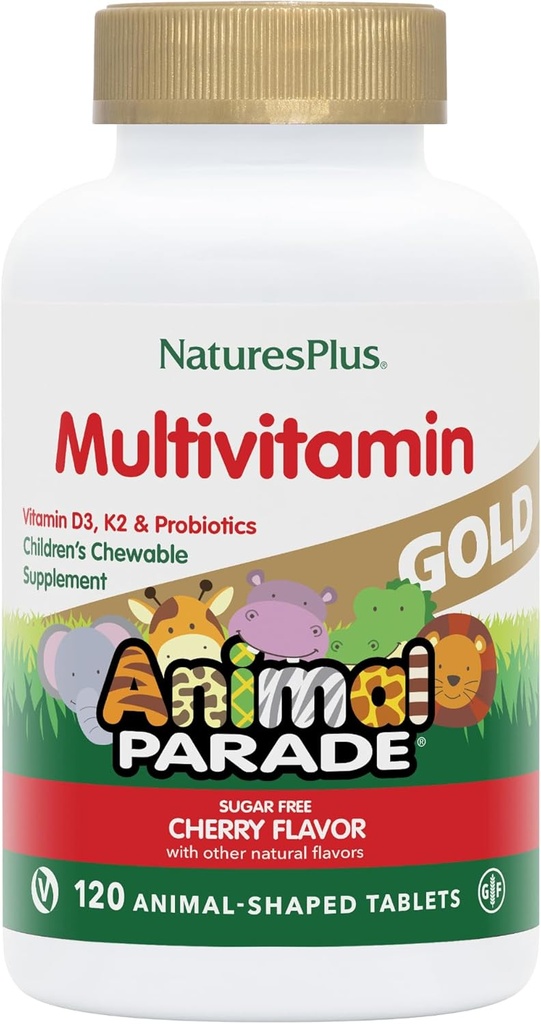 NaturesPlus Animal Parade Gold Children's Chewable Multivitamin - Natural Cherry Flavor - 120 Animal Shaped-Tablets, Pack of 2 - med vitamin D3, K2 & Probiotika - 120 Totalt portioner