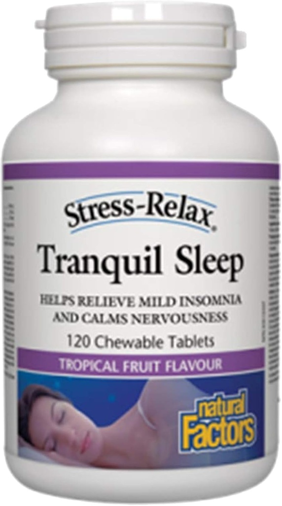 Stressi-relax purutabletti uni Natural Factors, Sleep Supplement, Tropical Fruit Flavor, 60 tablettia