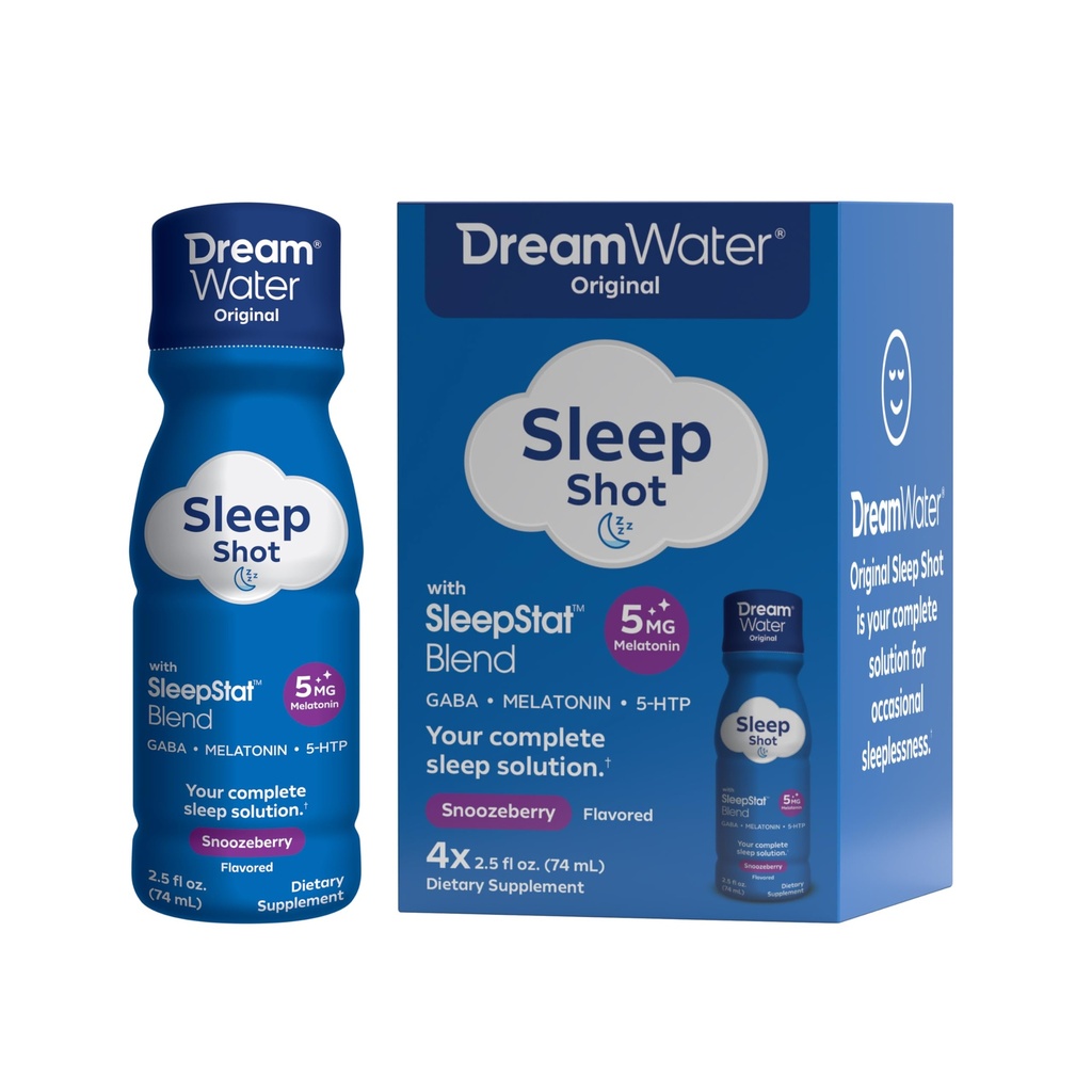 Dream Water Sleep Aid Supplement Drink; Melatoniini 5 mg, GABA, 5-HTP; Nolla sokeria, luonnon makuja, ei lisätty värejä, 2,5 oz Liquid Sleep Shots, Snoozeberry, 4-Count