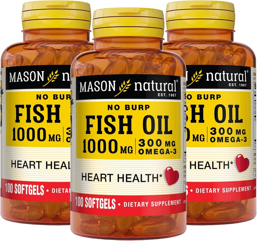 Mason Natural No Burp Fish Oil 1000 mg Omega,3 300 mg, tukee normaali sydän terveys, 100 Softgels (paketti 3)
