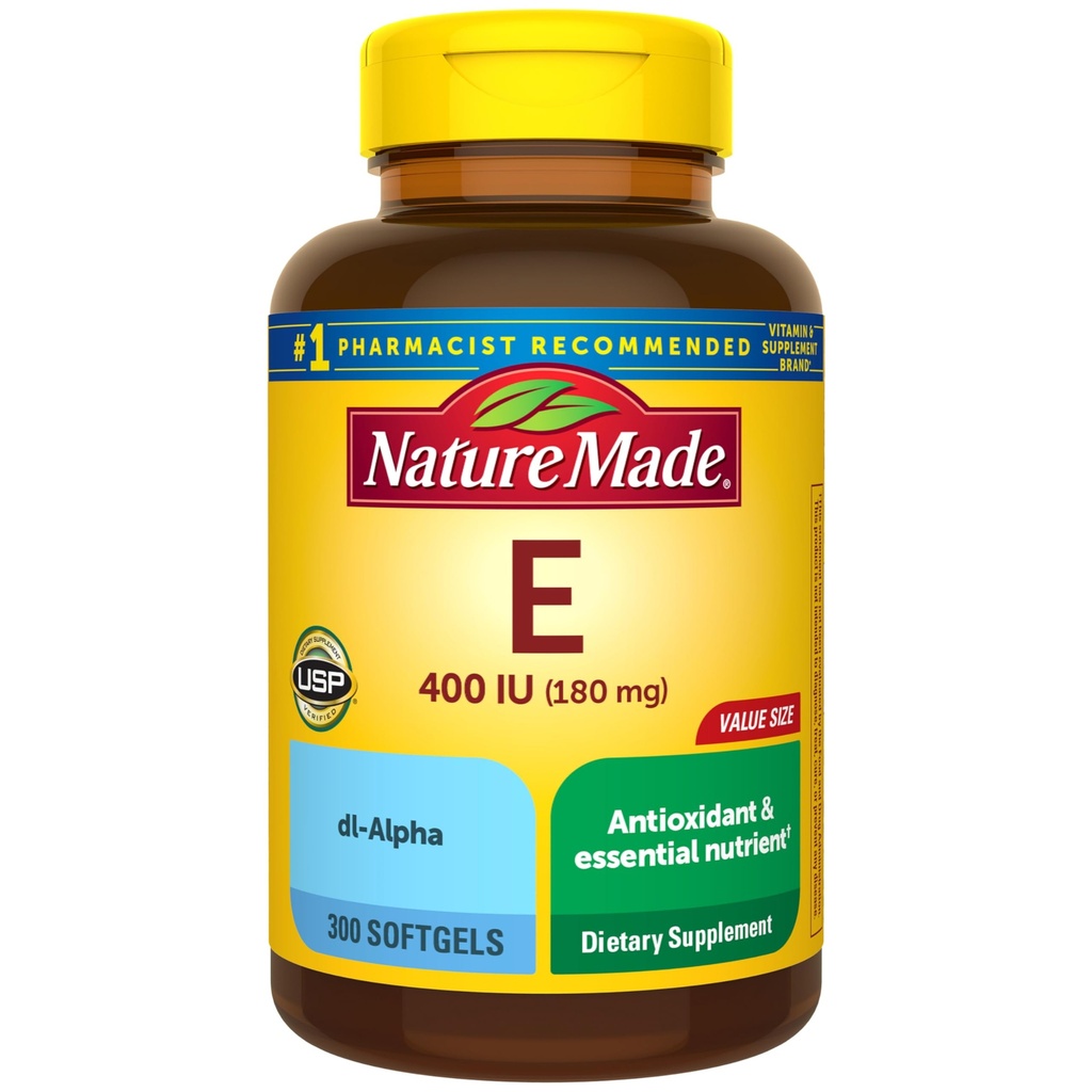 Luonto Valmistettu E-vitamiini 180 mg (400 IU) dl- Alfa, antioksidanttituen ravintolisä, 300 Softgelia, 300 päivän tarjonta