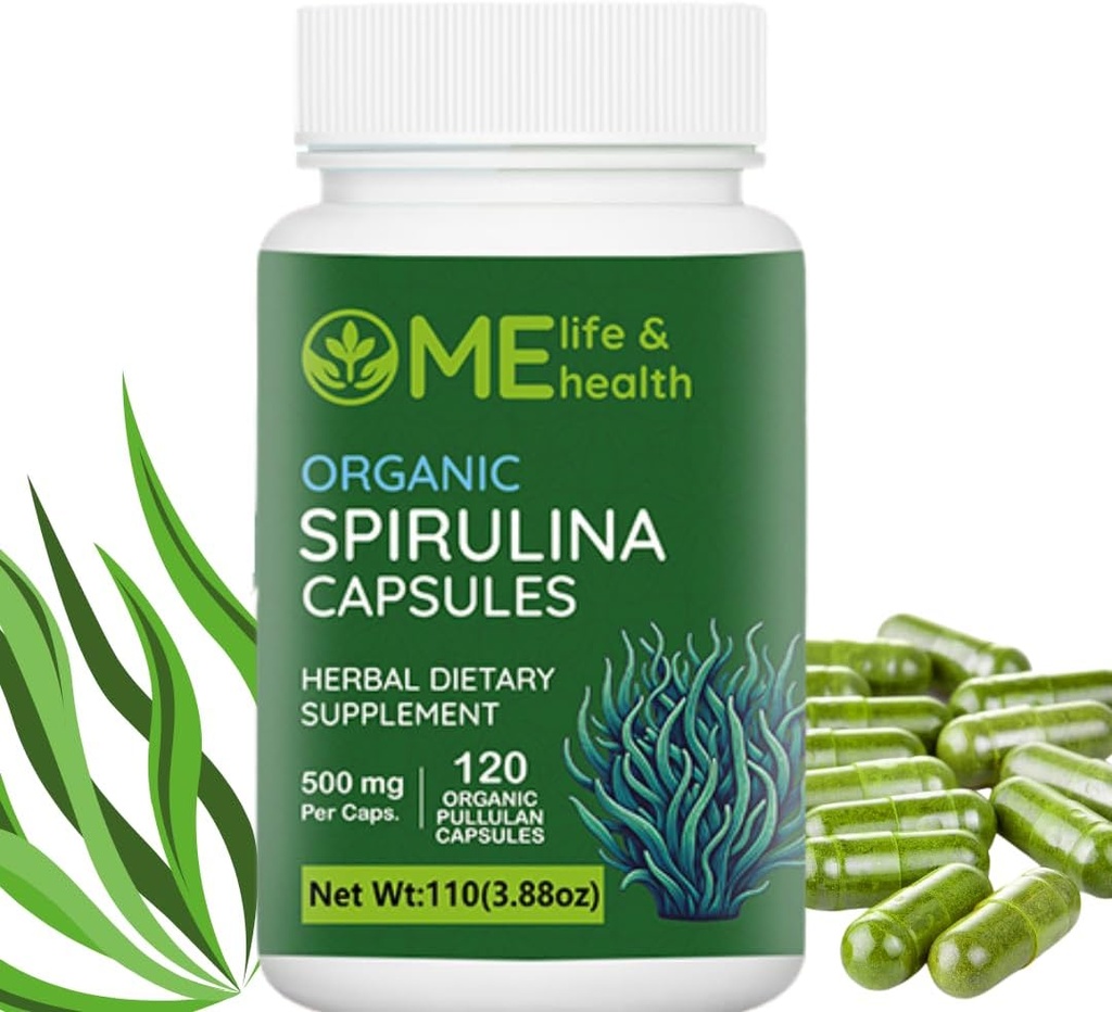 ME LIFE & TERVEYS Spirulina kapselit, 100% Orgaaninen spirulina jauhe (120 ct) 500 mg Rikasta proteiinia, A-vitamiinia, B12 Antioksidantteja ja vitamiineja, vegaaneja, luonnollisia ja puhdasta spirulinaaa, ei- gammaglutamaattia ja gluteenia