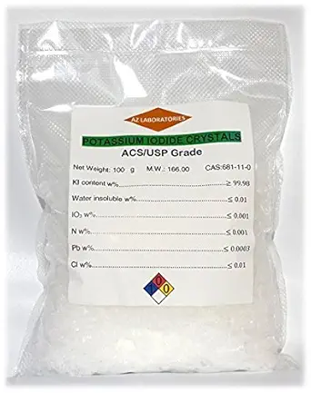 Kaliumjodid, USP Grade 100 gram. Fine Crystals Powder