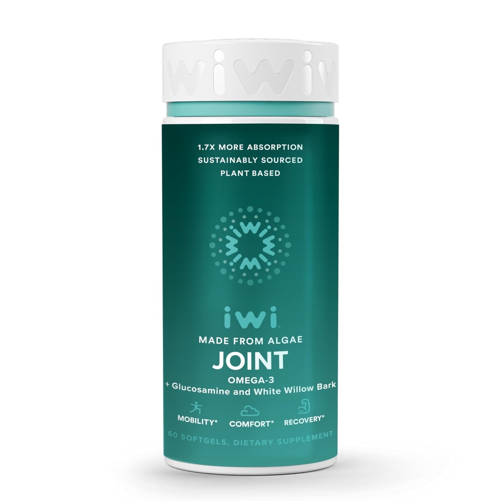 Iwi Life Joint Omega-3, 60 Softgels (30 tarjoilua), Plant-Based Algae Omega-3 kanssa Glukosamiini, Mobility Support Dietary Supplement, Krill & Fish Oil Vaihtoehtoinen, Ei kalainen Jälkimaku