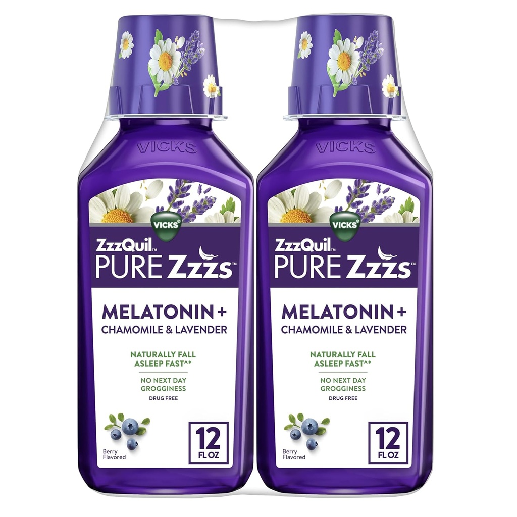 ZzzQuil Pure Zzzs Melatoniinin neste, unilääke, nestemäinen melatoniini 2 mg, kamomilla ja laventeli, putous, nopea unilääke, melatoniinin unilääkkeet aikuisille, karhunvatukka, 2 pakkaus, 24 FL OZ