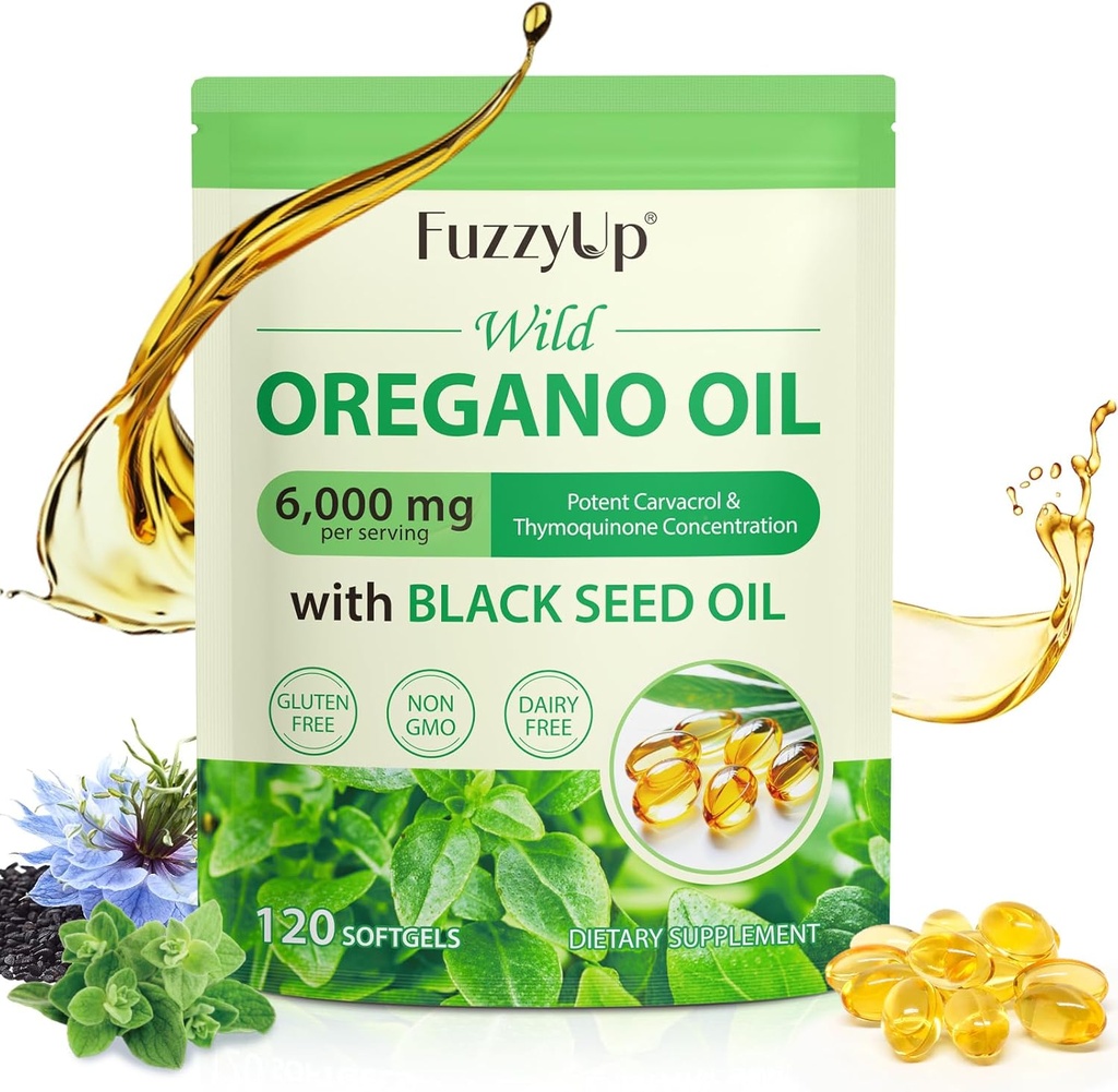 Oregano Oil Capsules, 2 in 1 6000mg Oil of Oregano with Black Seed Oil 200mg, Oregano Softgels Oil 120 Count, Organic Oregano Oil Capsules, Immuunituki, ei-GMO, Dairy-free, Gluteenittomat