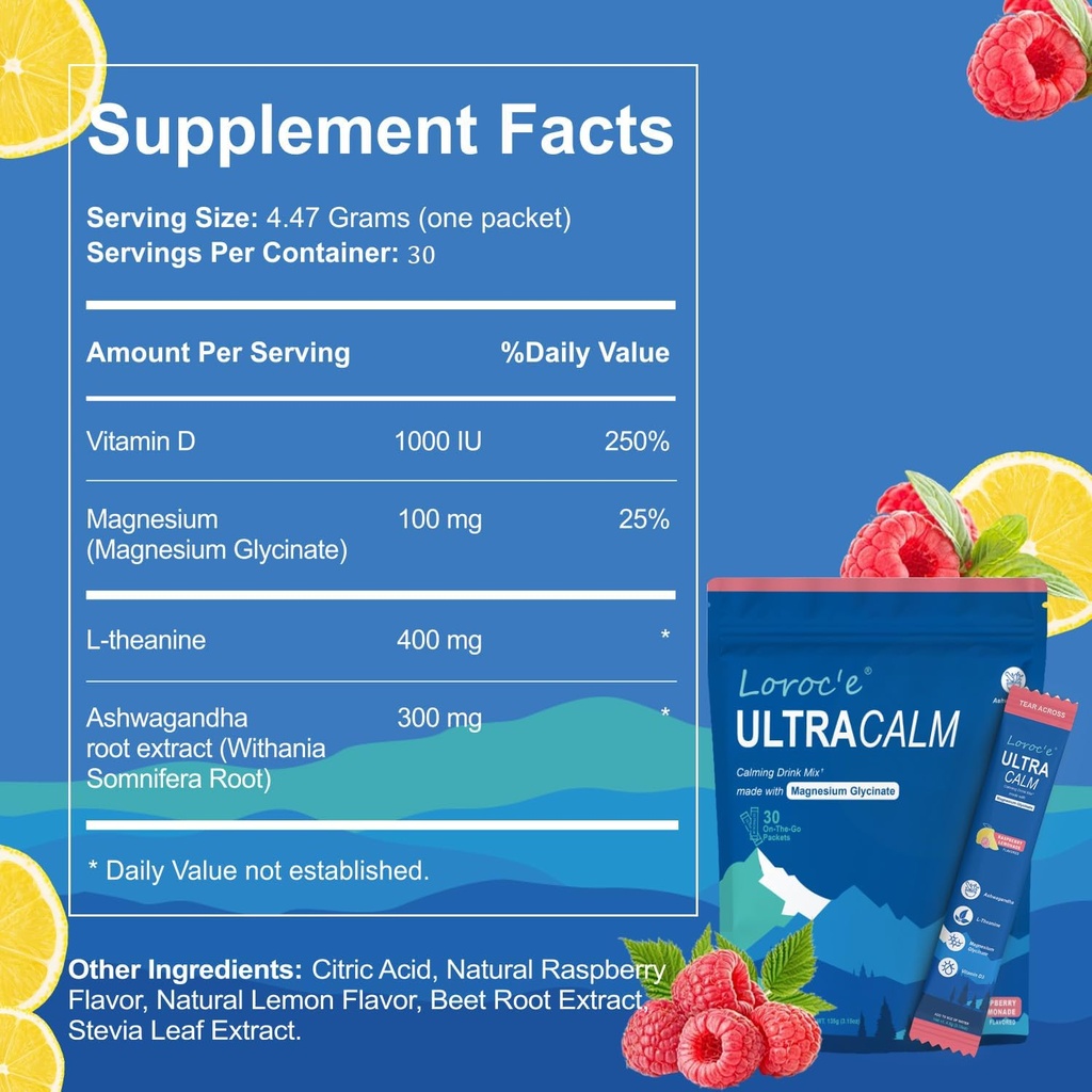 UltraCalm Super Cortisol Drink, Rauhallinen Magnesium Glycinate Powder (30 tarjoilua), L-theaniini, Ashwagandha, D-vitamiini, Ei sokeria, Vadelma sitruunaa Elektrolyyttejä Powder-1