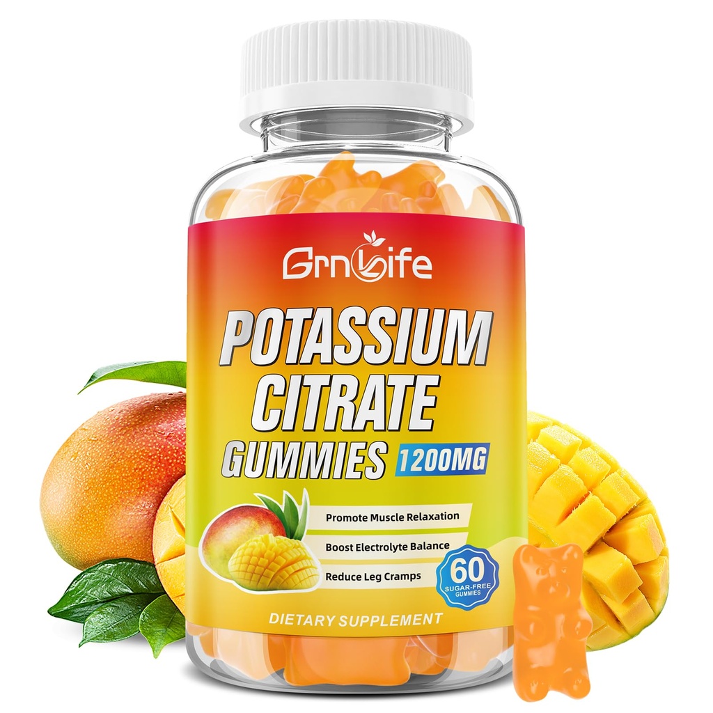 Kaliumsitraatti Gummies, korkea kalium täydentää Gummies 1200 mg aikuisille ja lapsille, tukea jalkakramppeja ja lihasten terveys, vegaaninen, mango maku 60