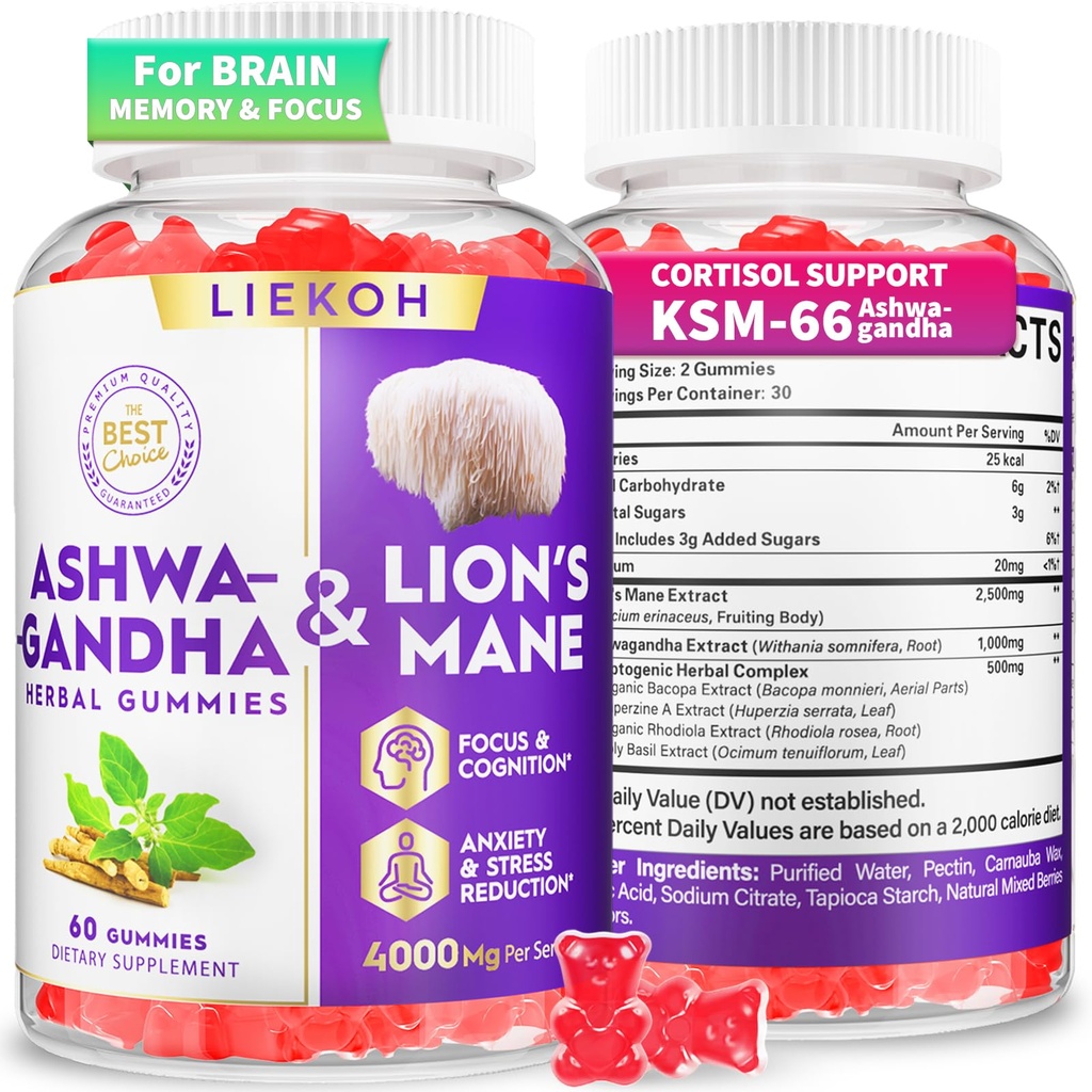 Ashwagandha Gummies - Organic Ashwagandha & Lions Mane Gummies for Adults with 4 Adaptogenic Herb for Stress, Cognitive & Immuno Support