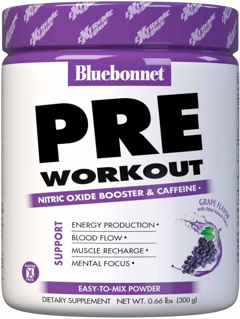 BlueBonnet Nutrition Extreme Edge Pre-träning, Ökar Nitric Oxide (NO) nivåer - 30 portioner, Grape Flavor, 10.56 Oz