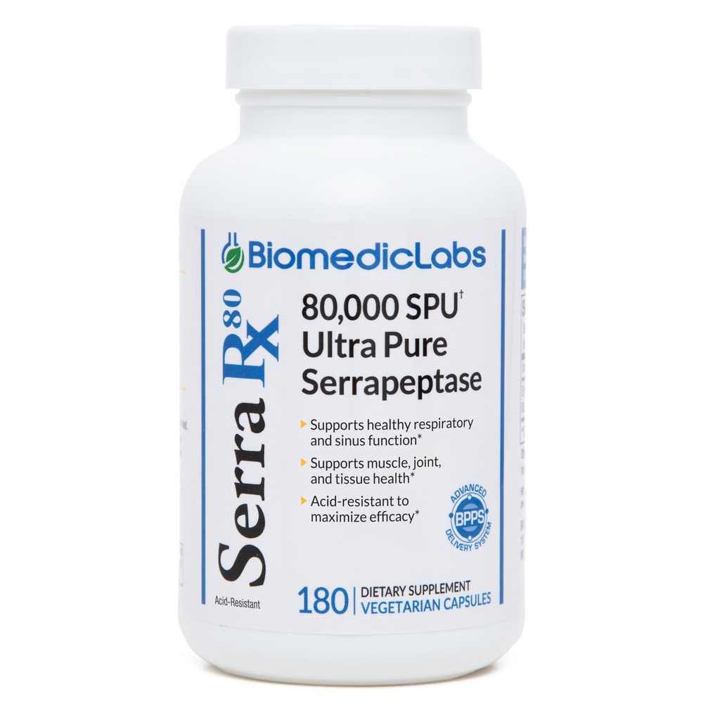 Serra-RX 80,000 SU Serrapeptaasi - Happo-restant proteolyyttinen systeeminen enzyme, ei-GMO, Gluteeniton, Vegan, tukee Sinus & Lung Health, 180 Veg kapselia