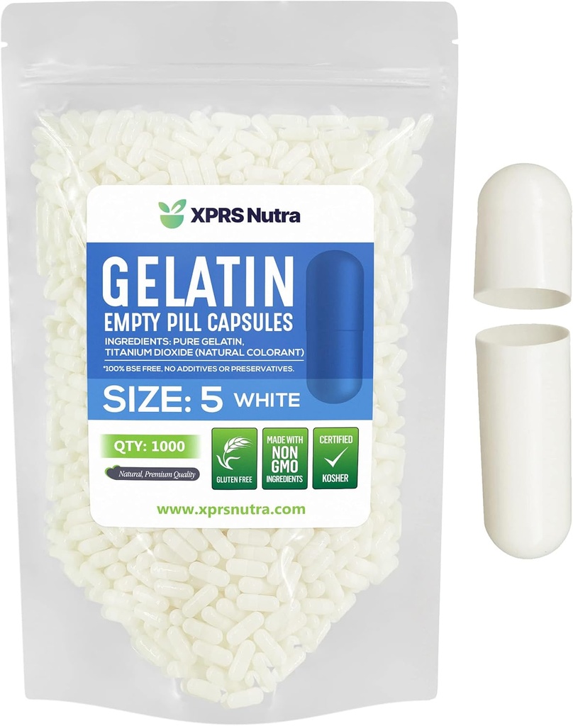XPRS Nutra Koko 5 Tyhjät kapselit - 1000 kreivi Erittäin pienet tyhjät liivatekapselit - Pillerit DIY-kapselin täyte - Täytettävät geelikapselit Do-It-Yourself-vitamiini täydentää (valkoinen)