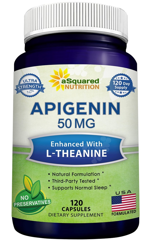 aSquared Nutrition Apigenin 50mg & L-Theanine 200mg - 120 Kapselit - Apigenin täydentää pillereitä uni ja rentoutuminen - Natural Bioflavonoid Extract Löydetty kamomilla tee