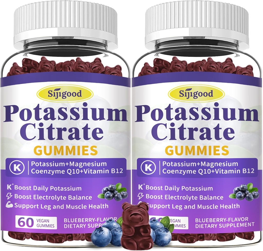 2 Pakkaus Kaliumsitraatti Gummies, Kalium täydennysosa lihasten terveyttä, jalkakramp Relief & Electrolyte Balance, Vegan, ei-GMO, Gluteeniton, Mustikkamaku, 120