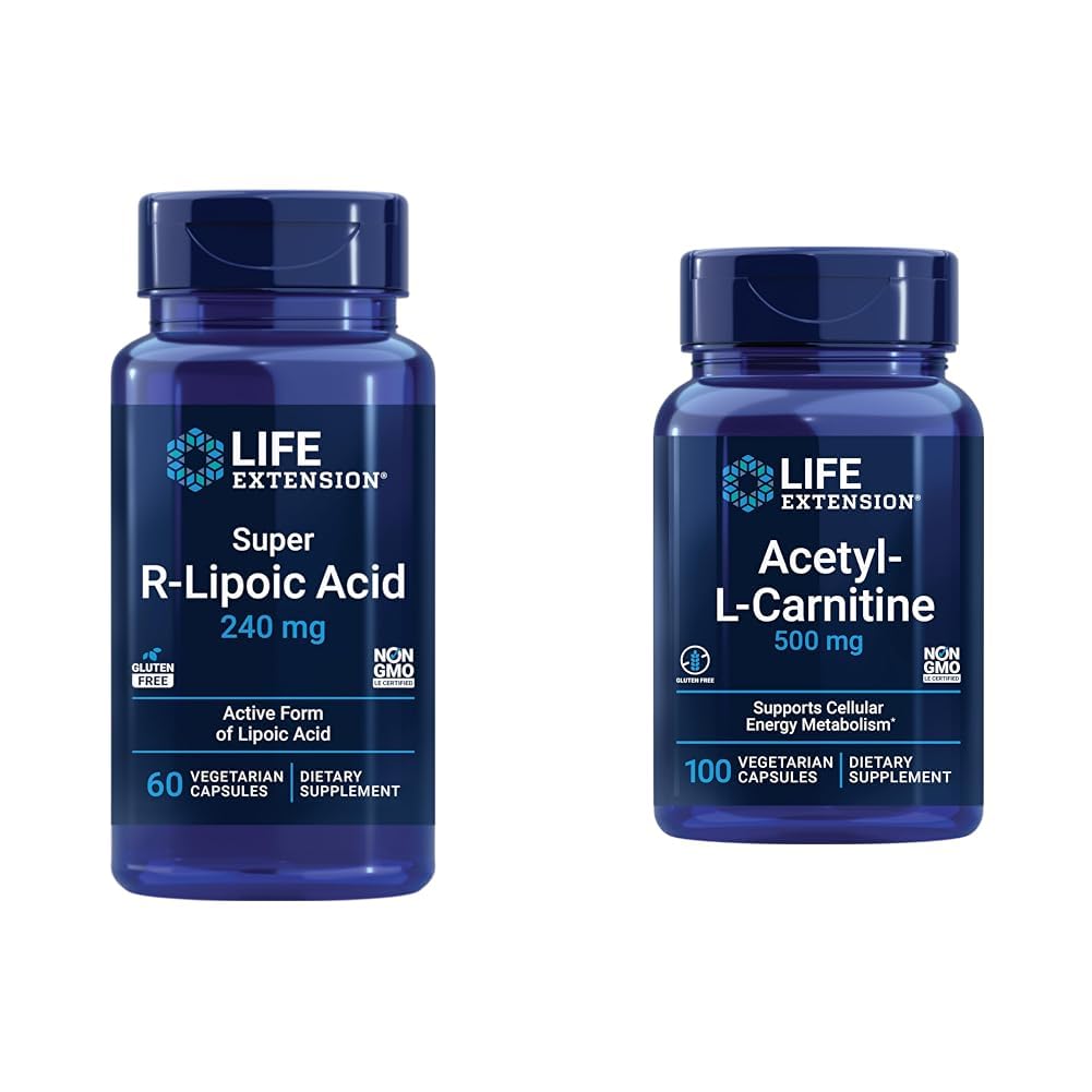Life Extension Super R-Lipoic Acid 240mg ja asetyyli-L-Carnitine 100 kapselit - Solun energia ja aivojen terveys