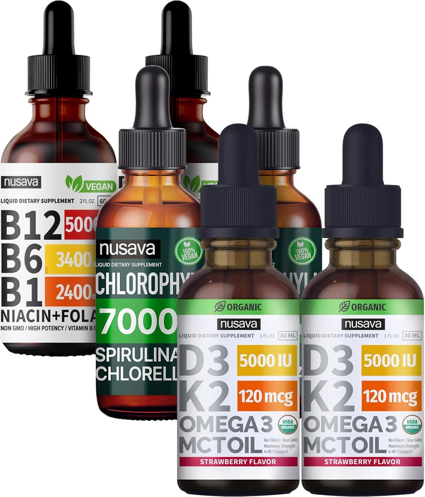 NUSAVA Strawberry Flavored D3 K2, klorofylli, & B12-vitamiini nestemäiset drops Bundle - vahva neste vitamiineja sydämeen, energia, aivot ja immuuni tuki - ei-GMO, Gluteeniton, 2pk Jokainen