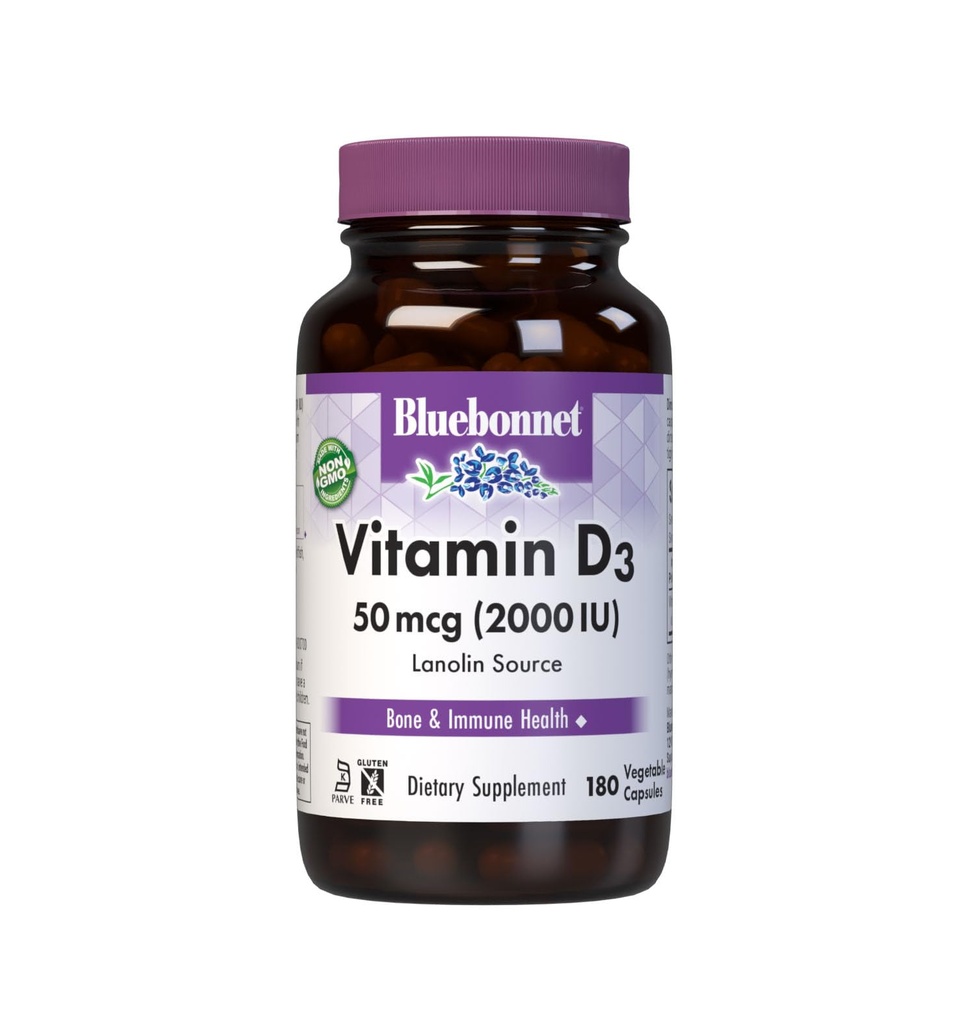 Bluebonnet Nutrition D3-vitamiini 2000 IU Vihanneskapseli, Tuki lihas- ja luustokasvussa, Lanolinin kolekalsiferoli, D3, ei-muuntogeeniset organismit, gluteeniton, soijaton, maitoton, Kosher, 180 kasvikapseli