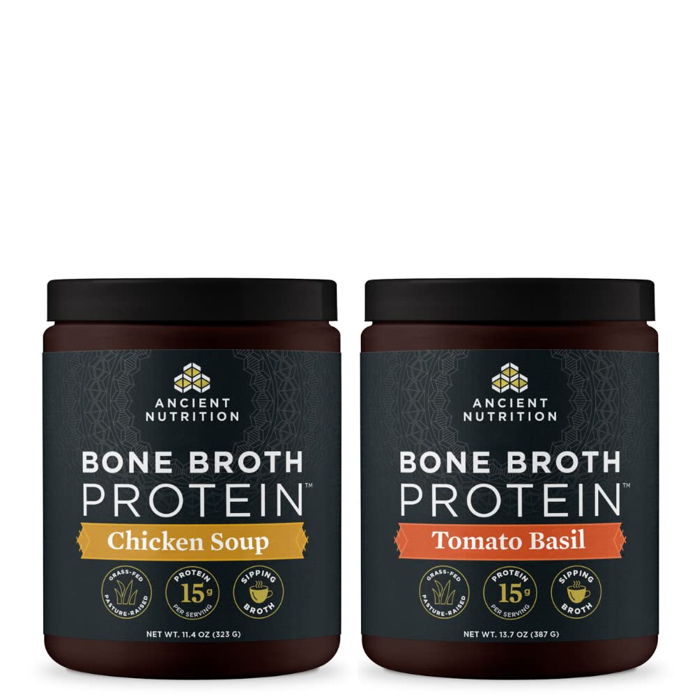 Ancient Nutrition Bone Broth Protein Powder, Chicken Soup, 15 tarjoilua + Bone Broth Protein Powder, Tomaatti Basil, 15 tarjoilua