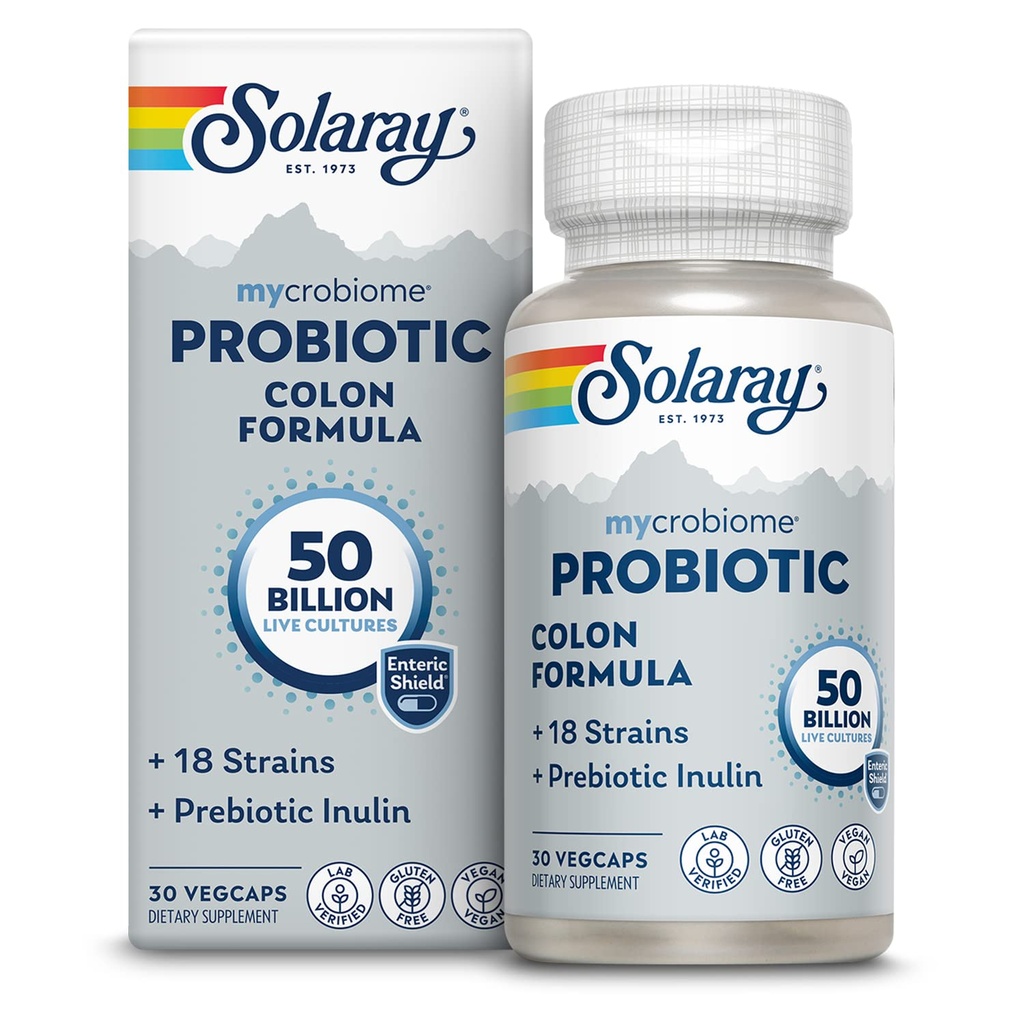 SOLARAY Mycrobiome Probiotic Colon Formula, Vegan, Digestive Function, Colon Health och Immune System Support, 50 miljarder CFU, 18 Strains, Prebiotic Inulin, 60-dagars garanti, 30 portioner, 30 VegCaps