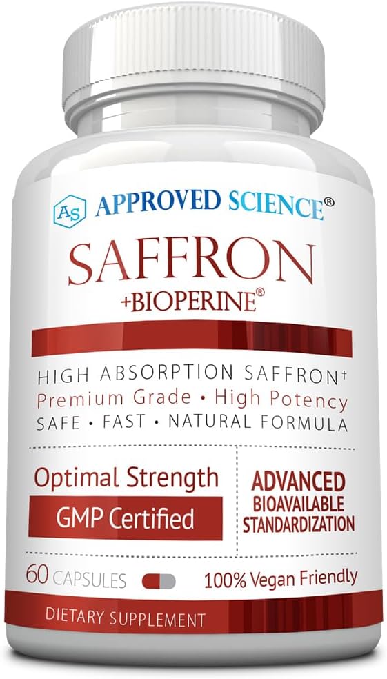 Godkänd Science® Saffron Standardiserad till 3% Crocin, 2% Safranal - High-Absorption BioPerine - Vegan, 60 kapslar - Pack på 1