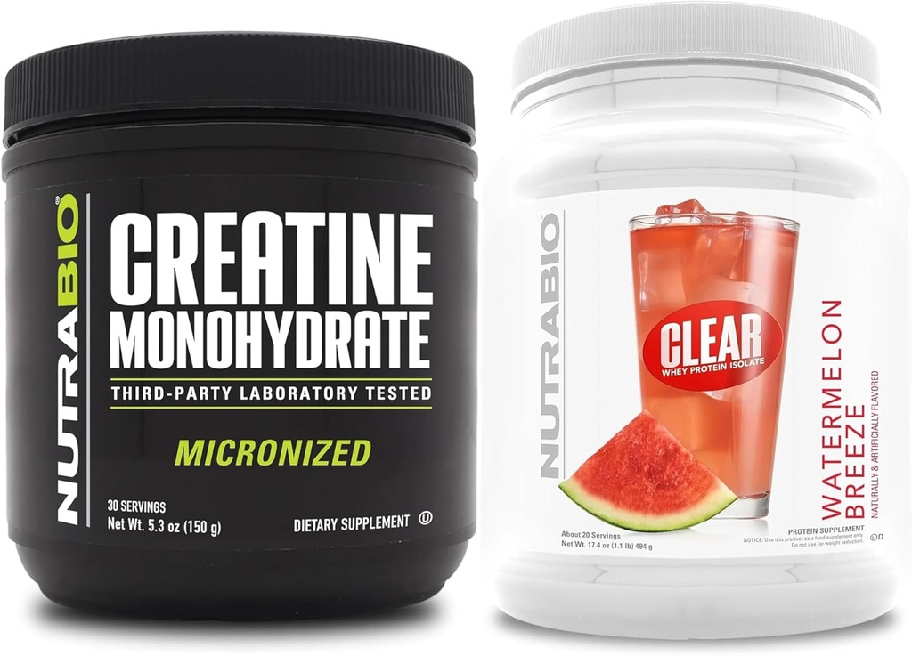 NutraBio Creatiini Monohydraatti, Mauton, (150 g) ja Clear Whey Protein Isolate, (Watermelon Breeze) täydennysosa Bundle ... Lihasenergia, suurin kasvu, elpyminen ja vahvuus
