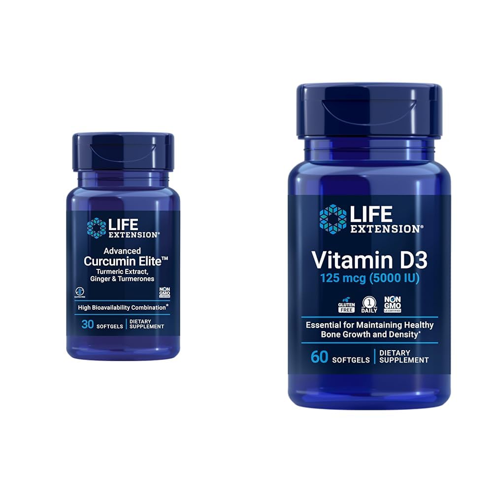 Life Extension Curcumin Elite Turmeric Ginger Extract & Vitamin D3 5000 IE Softgels - Healthy Inflammatory Immune Response and Bone Brain Health - 30 & 60 Count