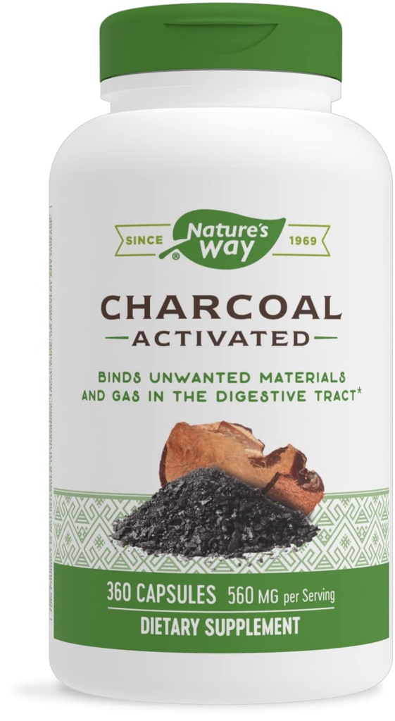 Nature's Way Active Charcoal, Binds Unwanted Materials and Gas in the Digestive Tract*, 560 mg per 2-Capsule Serving, 360 kapselia (Pakkaus toukokuussa Vary)