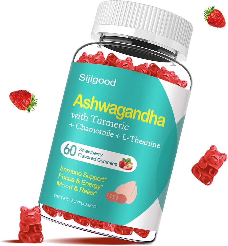 Ashwagandha Gummies L-theanine, Ashwa juurilisä Gummy for women Miehet, 60 Mansikkamakuisia Gummies