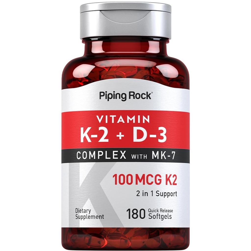 Piping Rock-vitamiini K2 D3 täydennysosa ... 100 mikrog... 180 Softgels... Kompleksi, jossa MK7 ...