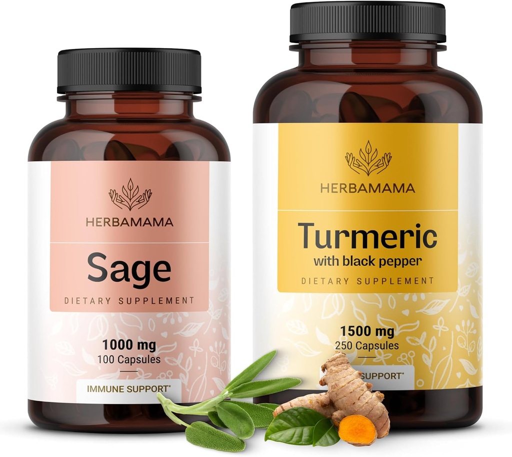 HERBAMAMA Sage and Turmeric Kit - Bundle of 1000 mg Sage Leaf & Turmeric Curcumin kapselit - Vegaani, ei-GMO, Liivate - 2 pakkaus