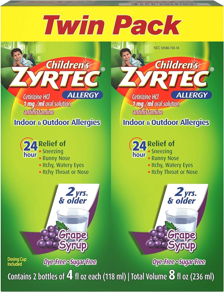 Zyrtec 24 Hr Lasten allergiasyrup ja setiritsiini, sokeriton viinirypäle, Twin Pack 4 fl. oz