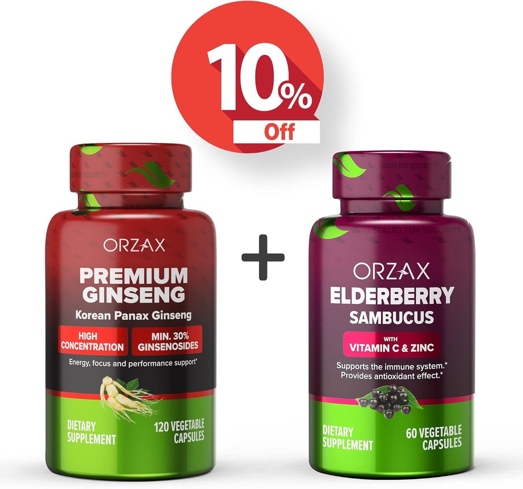 ORZAX Ginseng, 30% ginsenosidia, premium 120 kasvikapselia ja vaniljakapselia, 2000mg 60 kasvikapselia, Bundle
