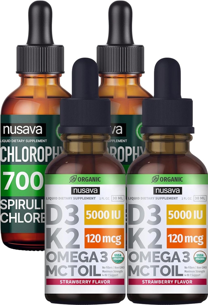NUSAVA Strawberry Flavored D3 K2 Drops och Chlorophyll Liquid Drops Bundle - Potent Liquid Vitamins for Heart, Joint, Energy & Immune Support - Non-GMO, Gluten-Free, 2pk Varje