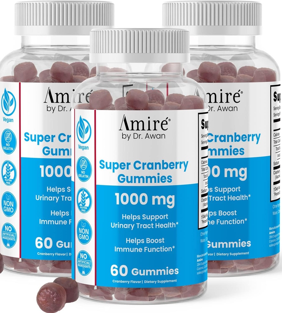 Amire by Dr. Awan Super Cranberry Gummies, auttaa tukemaan virtsateiden terveys, auttaa boosts Immuunifunktio, Liivate-vapaa karpalomuruja miehille ja naisille, 180ct, 90 päivän tarjonta