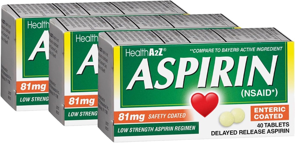 HealthA2Z® Aspirin 81 mg | Låg styrka | Enteric Coated | Smärtlindring | Mindre värk Muskelsmärta och kramper | Feberreducer | Minskar huvudvärk (40 grejer (Pack av 3))