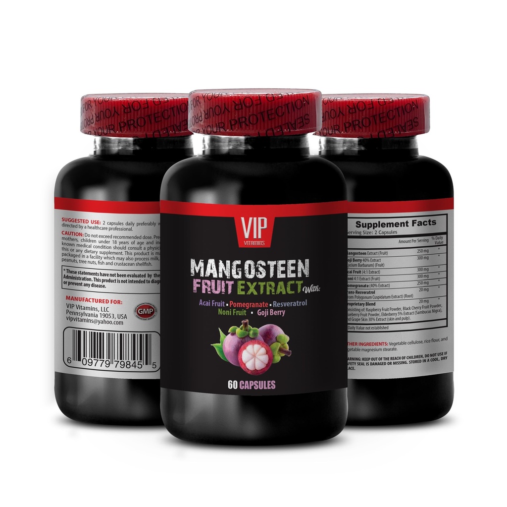 VIP VITAMINS Mangosten, Mangosten Extract - Mangosten Fruit Extract - Acai Berry, Goji Berry, Granaattiomena, Noni, Trans-Resveratrol, Elderberry Fruit, Grape Skin - 1 pullo 60 kapselia