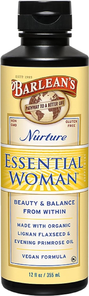 Barleanin Essential Woman Liquid Supplement for Women, Organic Pellavansiemen ja Ilta Primrose Oil for Healthy Hair, Nails and Skin, Omega 3 6 9 ja GLA, 12 oz